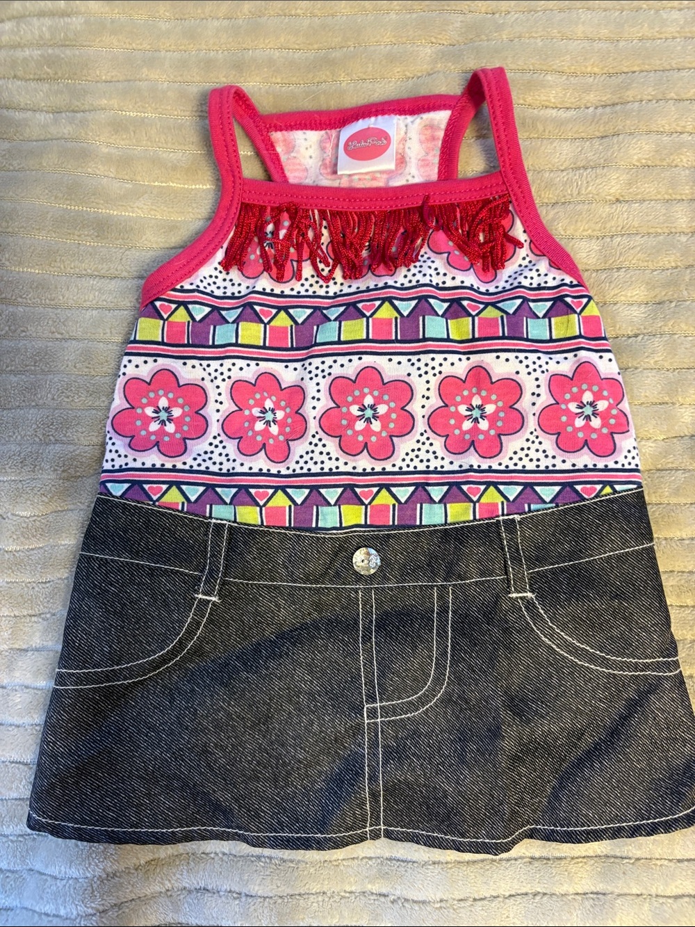 Pink Floral Fringe Denim-Style Dog Dress